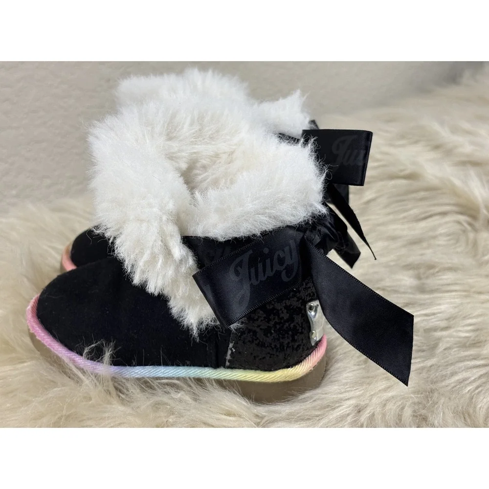 Juicy Couture Toddler Boots Girls 5 Black Faux Fur Rainbow Logo Winter